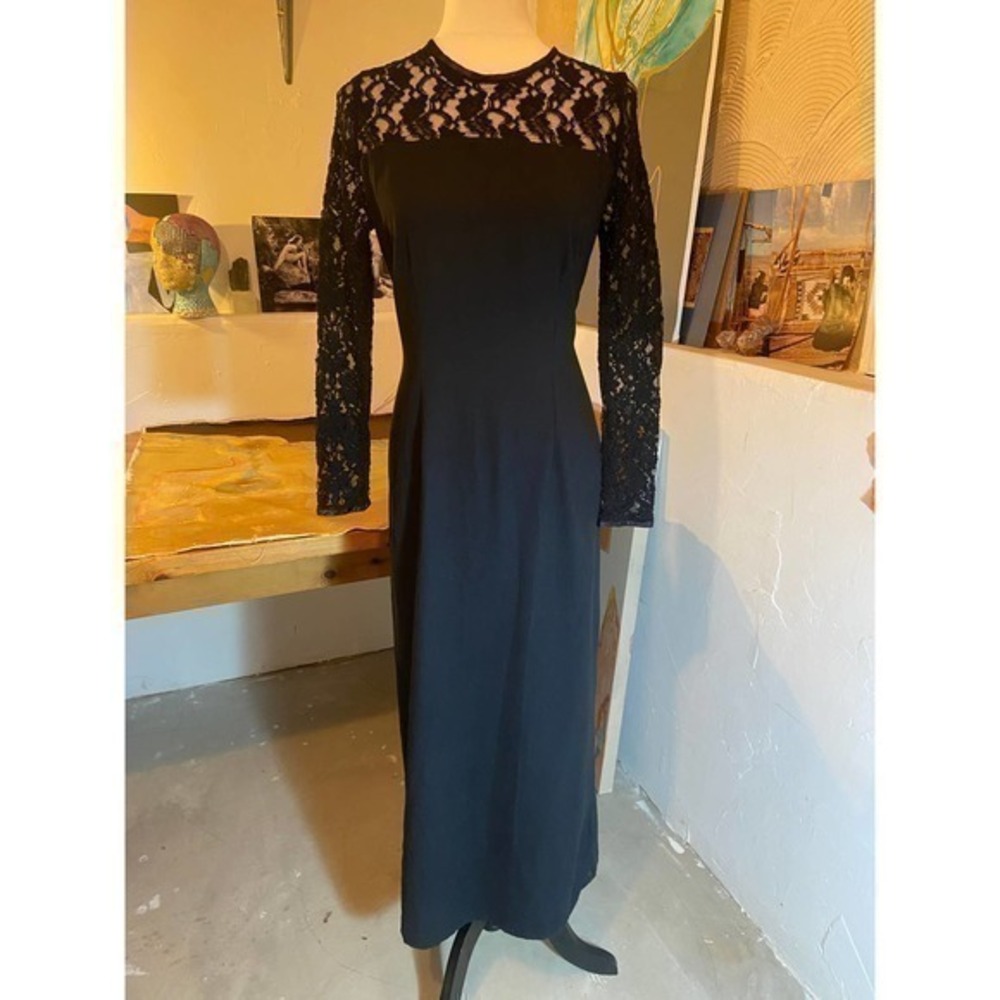 Black Formal Maxi Dress, lace yoke and sleeves, Vintage 70s 80s, back slit